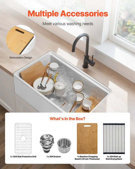 Fireclay Farmhouse Sink 32.5 Inch White Workstation