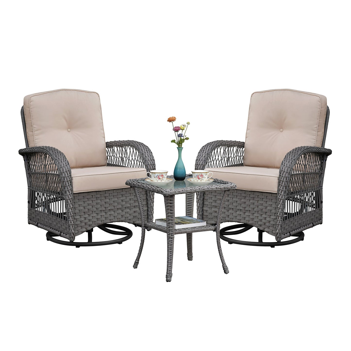 3 Pieces Conversation Set: Outdoor Wicker Rocker Swivel Patio Bistro Set