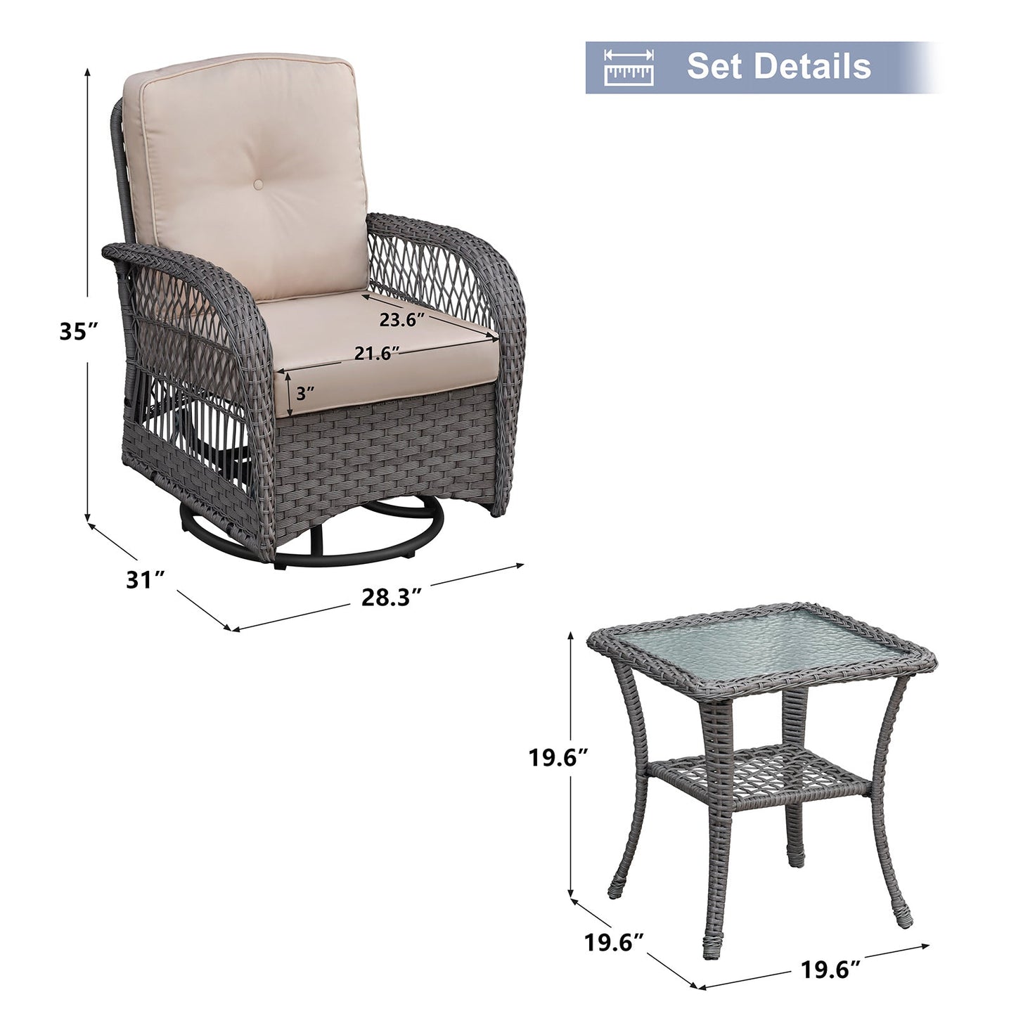 3 Pieces Conversation Set: Outdoor Wicker Rocker Swivel Patio Bistro Set