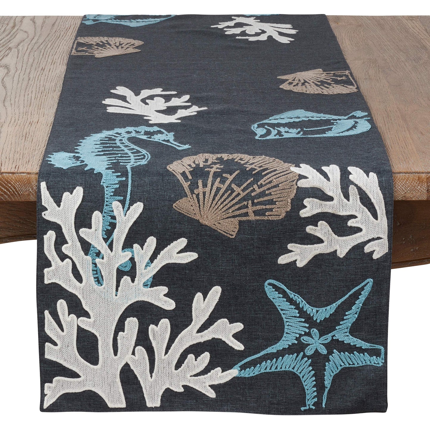 Fennco Styles Coastal Collection Sea Life Embroidered Table Runner 16 x 70 Inch - Navy Blue Table Cover for Everyday Use, Family Gathering, Banquets and Special Occasion