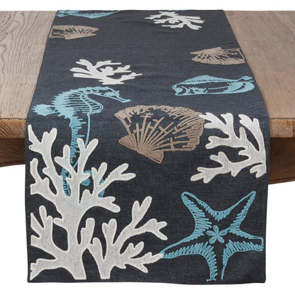 Fennco Styles Coastal Collection Sea Life Embroidered Table Runner 16 x 70 Inch - Navy Blue Table Cover for Everyday Use, Family Gathering, Banquets and Special Occasion