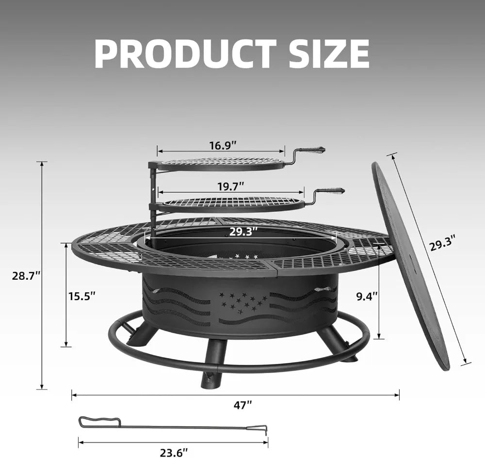 47 Inch Large Outdoor Fire Pit w/2 Cooking Grates