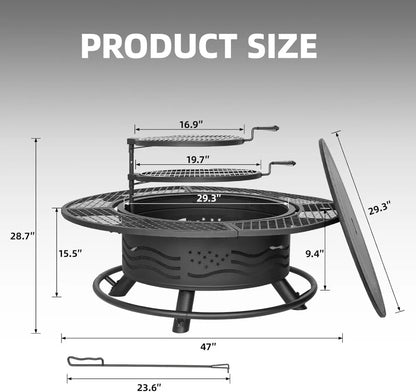 47 Inch Large Outdoor Fire Pit w/2 Cooking Grates