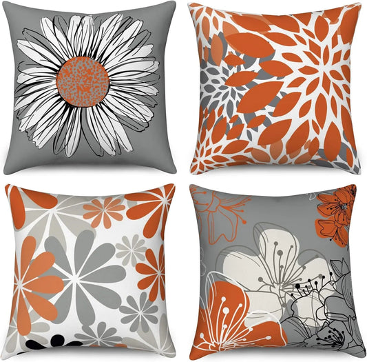 4pcs Orange Gray Floral Pillows