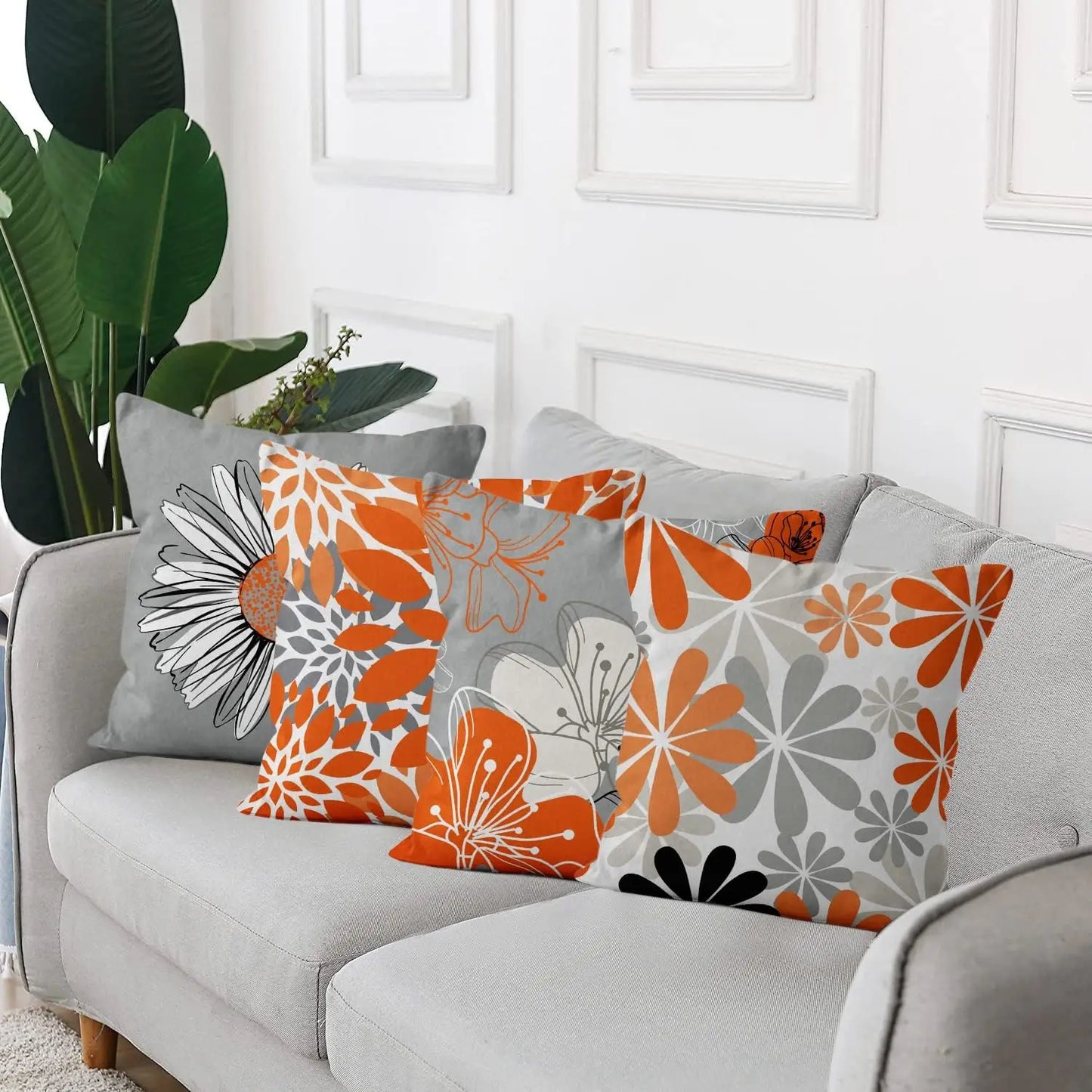 4pcs Orange Gray Floral Pillows