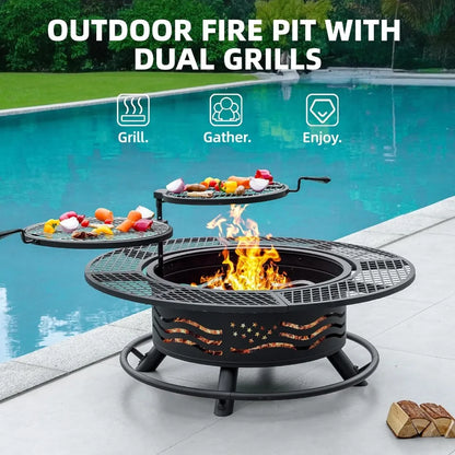 47 Inch Large Outdoor Fire Pit w/2 Cooking Grates
