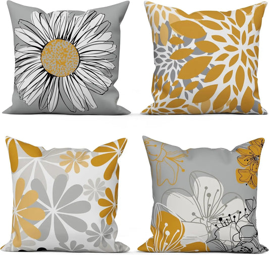 4pcs Orange Gray Floral Pillows