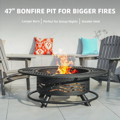 47 Inch Large Outdoor Fire Pit w/2 Cooking Grates