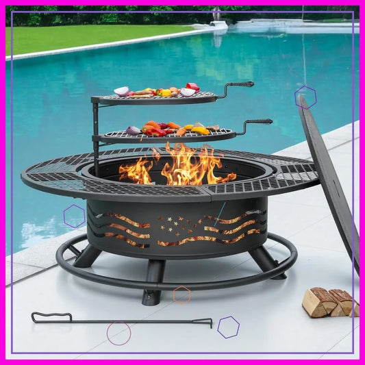 47 Inch Large Outdoor Fire Pit w/2 Cooking Grates