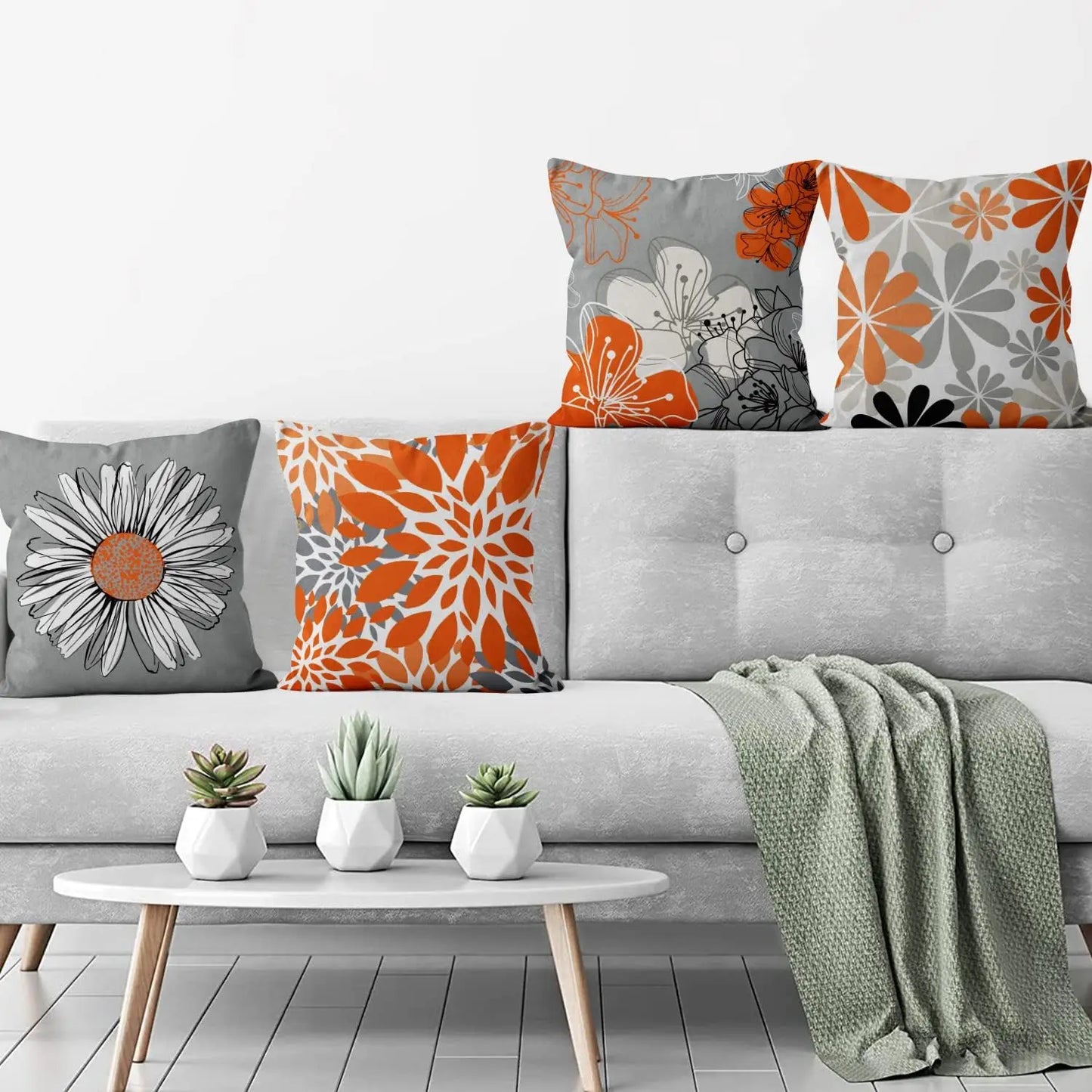4pcs Orange Gray Floral Pillows