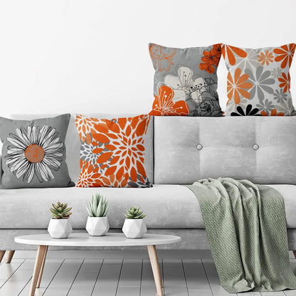 4pcs Orange Gray Floral Pillows