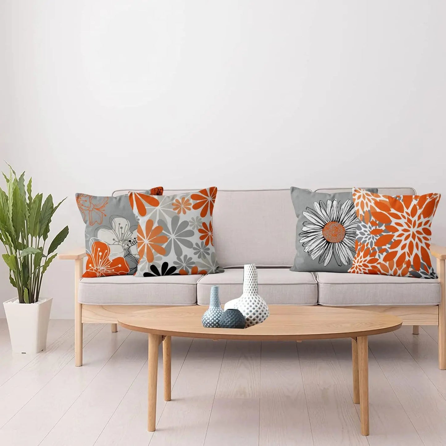 4pcs Orange Gray Floral Pillows