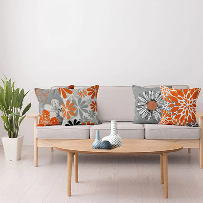 4pcs Orange Gray Floral Pillows
