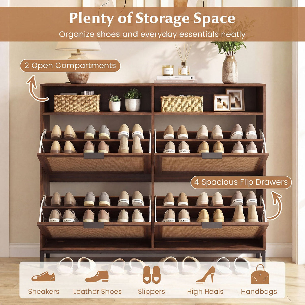 Shoe Storage Cabinet - 4 Flip Drawers - Adjustable Shelves