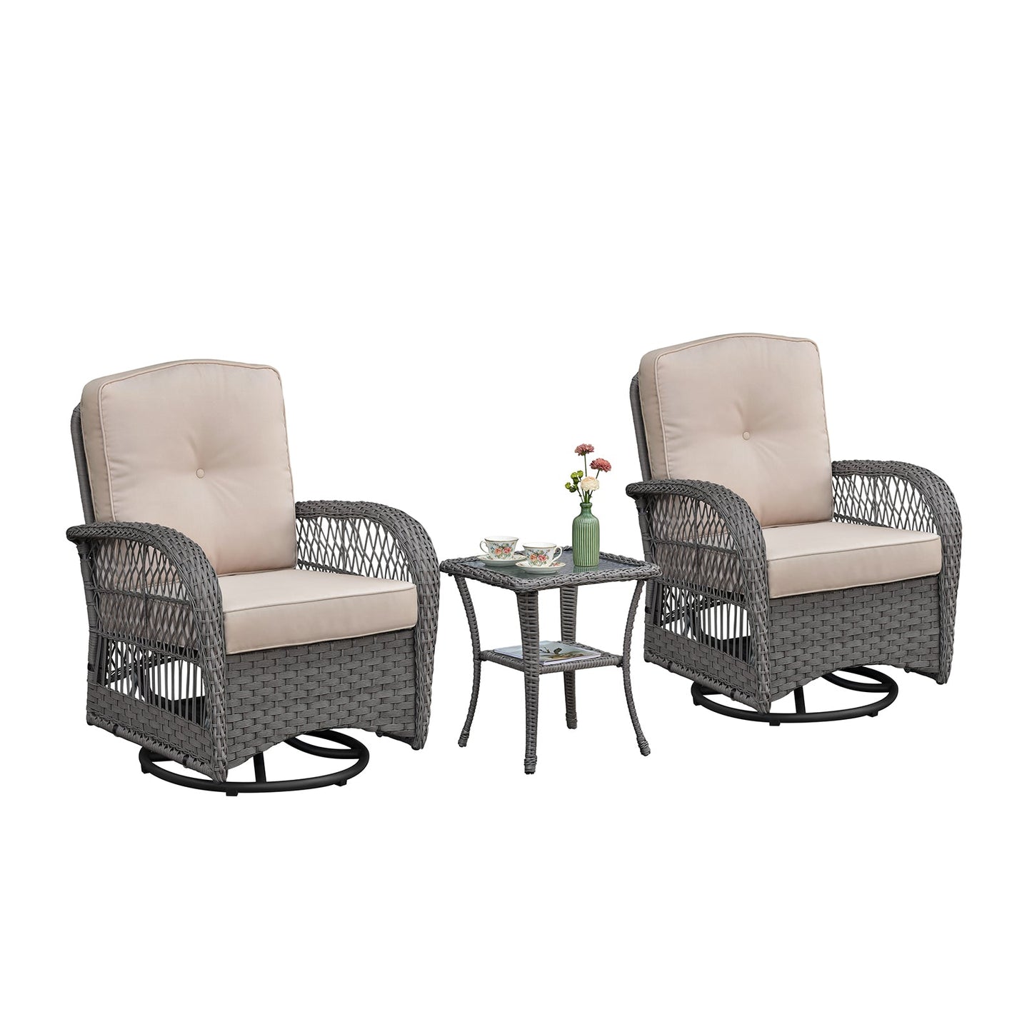3 Pieces Conversation Set: Outdoor Wicker Rocker Swivel Patio Bistro Set